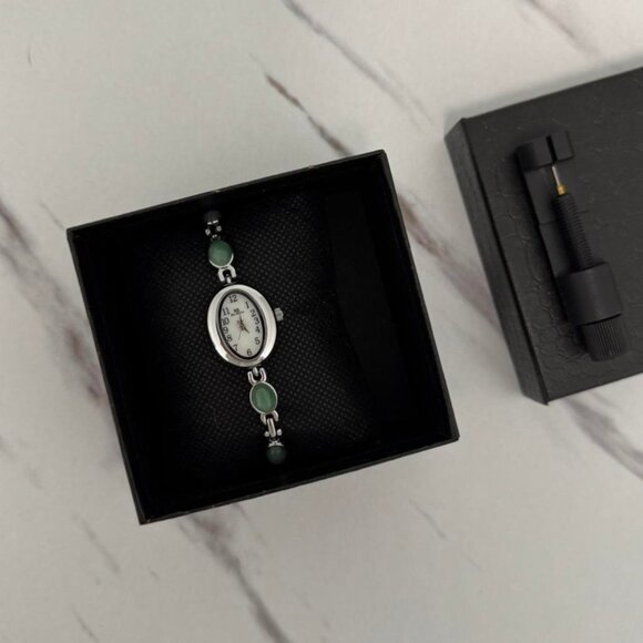 Sku0458 Retro Silver Green Gemstones Women Minimalist Watch Bracelet + gift bag main image 8